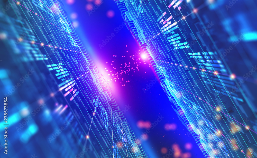 Aufkleber Digital city of future. Global Cyberspace. 3D illustration of wireless internet technologies. Database protection and secure transmission of information on blockchain network