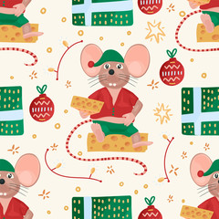 Christmas vector mouse seamless pattern. Cartoon illustration. Cute happy rat with cheese and gift boxes.