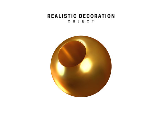 Gold geometric shapes 3d round spherical objects. metal balls design elements. Golden decorative element isolated on white background. Realistic vector illustration.