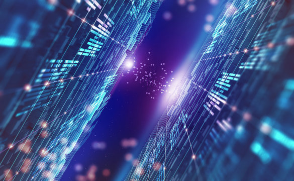 Digital city of future. Global Cyberspace. 3D illustration of wireless internet technologies. Database protection and secure transmission of information on blockchain network