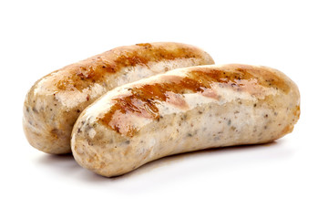 Grilled Munich Veal Sausages, close-up, isolated on white background