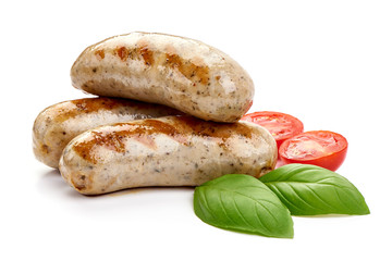 Grilled German Pork Sausages, munich sausage, close-up, isolated on white background