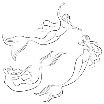 Collection. Silhouette of a mermaid. Beautiful girl swims in the water. The lady is young and slim. Fantastic image of a fairy tale. Vector illustration set.