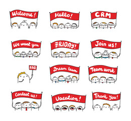 Set of businessmen with banners. Cute cartoon people holding sighns.