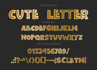 Cute hand drawn golden display vector alphabet ABC font with letters, numbers, symbols. For calligraphy, lettering, hand made quotes.