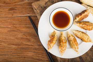 Japanese gyoza or dumplings snack with soy sauce