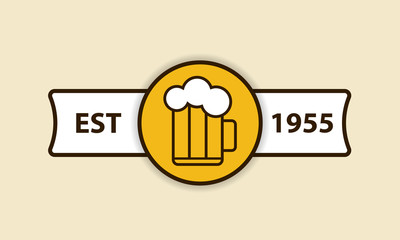 Vector logo simple flat beer mug with a white label with text. Alcoholic drink icon