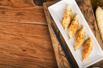 Japanese gyoza or dumplings snack with soy sauce