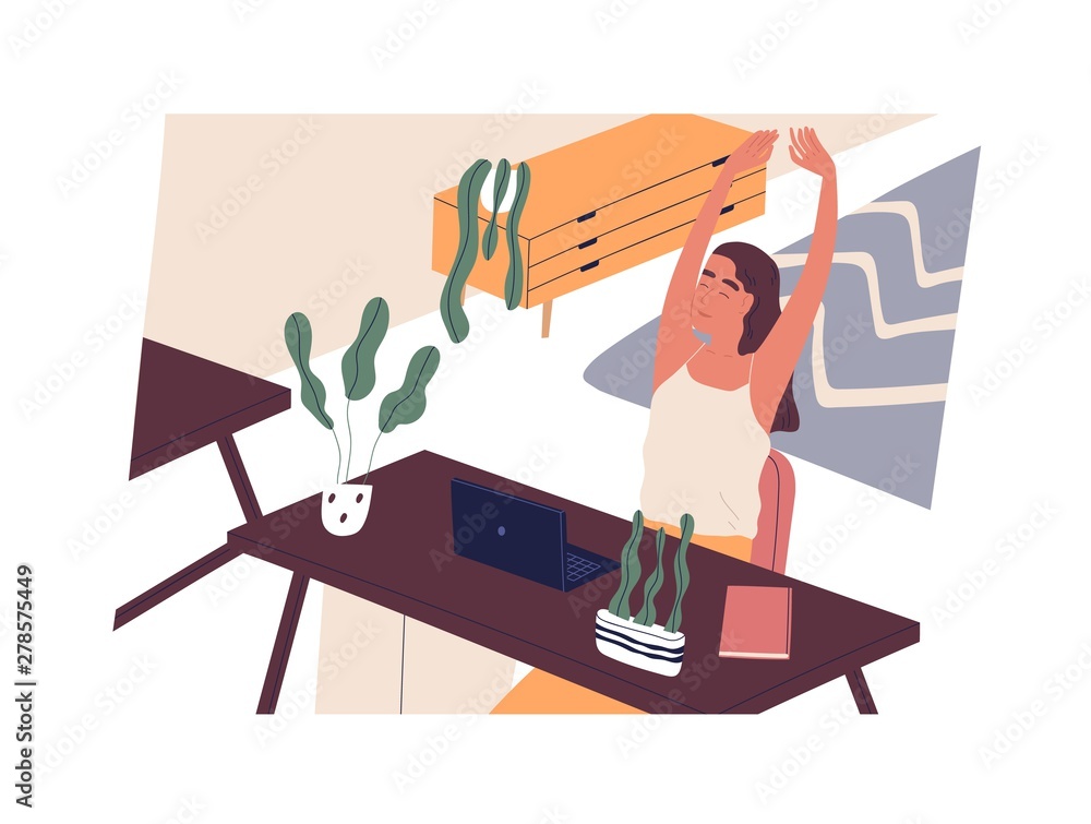 Poster happy girl sitting at desk with computer and stretching. smiling woman employee or clerk at workplac
