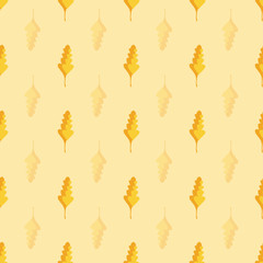 Beautiful hand drawn gold and orange oak leaves in geometric design. Seamless vector pattern on warm yellow background. Great for wellness, beauty products, stationery, home decor, giftwrap, texture.