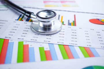 Stethoscope, Charts and Graphs spreadsheet paper, Finance, Account, Statistics, Investment, Analytic research data economy spreadsheet and Business company concept.