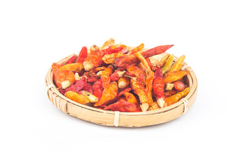 red dry chili in a small bowl, isolated on white background,