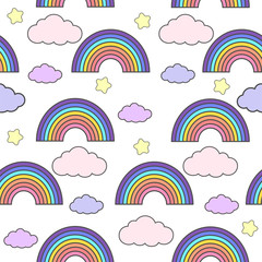 Rainbow seamless pattern Vector illustration with many cute rainbows and clouds on a white background