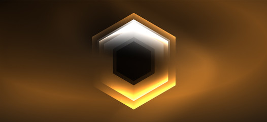 Neon color hexagon shapes, lines on black background. Modern template for web backdrop design. Abstract geometric frame