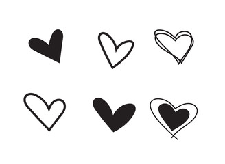 Set of outline black hand drawn heart icon.Hand drawn doodle grunge heart vector set.Rough marker hearts isolated on white background. vector heart collection.Unique Painted