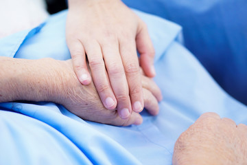 Holding Touching hands Asian senior or elderly old lady woman patient with love, care, helping,...