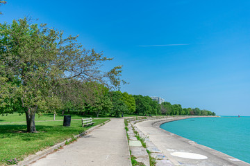 Lakefront Trail with Green Trees during Summer and Lake Michigan