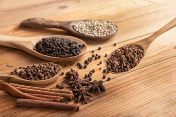 close up chille pepper in wooden spoon surround with spice powder on wooden table