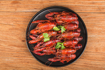 Crayfish. Red boiled crawfishes on table in rustic style,  Lobster closeup.