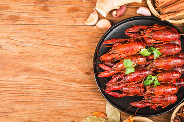 Crayfish. Red boiled crawfishes on table in rustic style,  Lobster closeup.