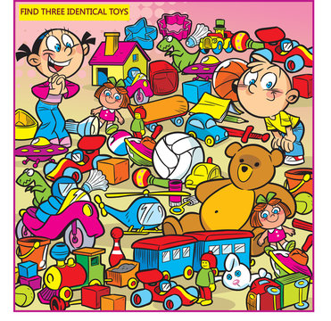 Vector illustration with a puzzle in that it is necessary to find three identical toys