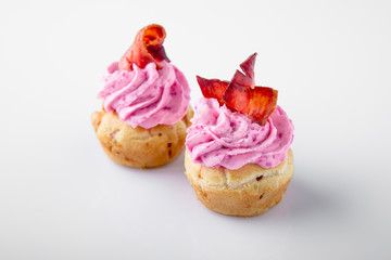 Canape with foie gras pate, turkeys, ducks, chicken. Beautifully decorated catering banquet menu. Food snacks and appetizers for buffet. Isolated on white background