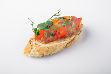 Canape mini bruskety sandwiches with fresh and steamed vegetables. Beautifully decorated catering banquet menu. Food snacks and appetizers for buffet. Isolated on white background