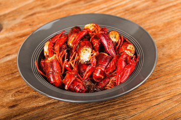 Crayfish. Red boiled crawfishes on table in rustic style,  Lobster closeup.