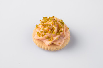 Canape with foie gras pate, turkeys, ducks, chicken. Beautifully decorated catering banquet menu. Food snacks and appetizers for buffet. Isolated on white background