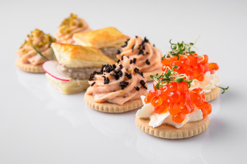 Assorted Canapes with Caviar and Pate. Beautifully decorated catering banquet menu. Food snacks and appetizers for buffet. Isolated on white background