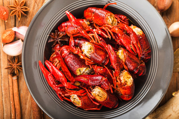 Crayfish. Red boiled crawfishes on table in rustic style,  Lobster closeup.