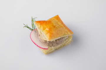 Canape with foie gras pate, turkeys, ducks, chicken. Beautifully decorated catering banquet menu. Food snacks and appetizers for buffet. Isolated on white background