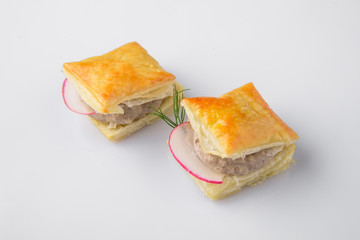 Canape with foie gras pate, turkeys, ducks, chicken. Beautifully decorated catering banquet menu. Food snacks and appetizers for buffet. Isolated on white background