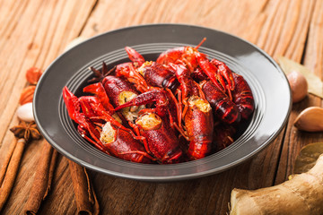 Crayfish. Red boiled crawfishes on table in rustic style,  Lobster closeup.