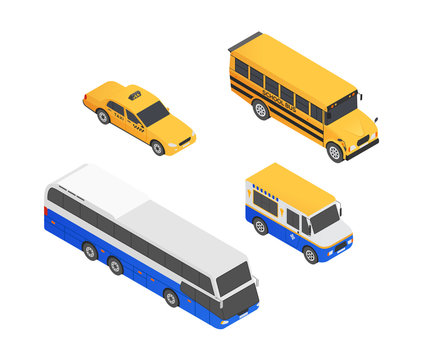 Public transport vehicles - modern vector isometric colorful elements