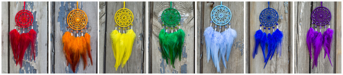Collage of Handmade dream catcher with feathers threads and beads rope hanging