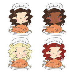 Set Brunette African American Blonde Red Hair Girls Cook A Turkey Isolated On A White Background Hand Drawn Illustration