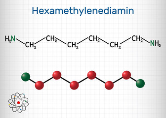 Hexamethylenediamine diamine molecule. It is monomer for nylon. Structural chemical formula and molecule model. Sheet of paper in a cage