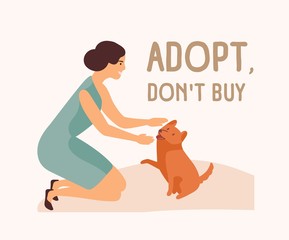 Smiling woman, adorable playful dog and Adopt Don't Buy slogan