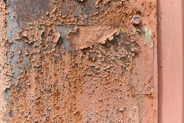 Rusty metal texture with scratches and cracks. paint traces. Blue and dirty orange colors. Copy space