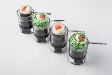 Sushi Roll with Salmon. Beautifully decorated catering banquet menu. Food snacks and appetizers for...