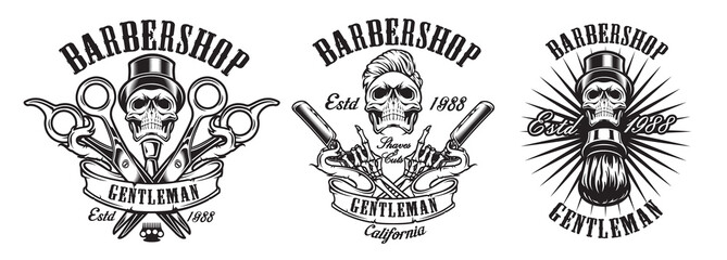 Vector of illustrations in vintage style for a barber shop with skulls