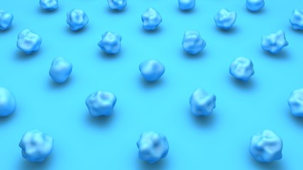 3D image of many bodies of spherical shape, flexible surface, blue on a blue background. Abstract desktop background illustration, 3D rendering in futuristic style.