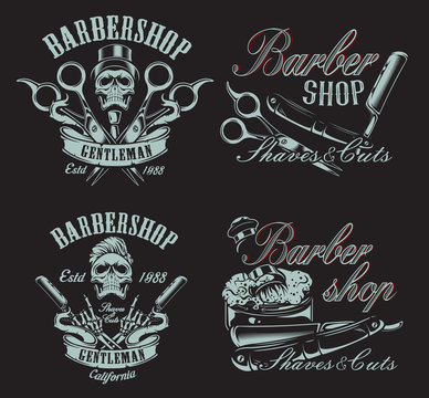 Set of illustration in vintage style for barbershop with skulls on the dark backround