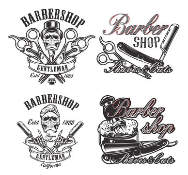 Set of illustration in vintage style for barbershop with skulls on the white backround