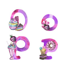 Alphabet letters O and P watercolor illustration, sweets, on a white background, isolated object.