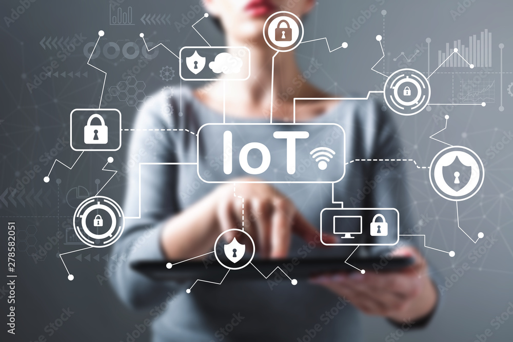 Poster iot security theme with business woman using a tablet computer