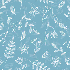 Simple and creative floral seamless pattern, hand drawn sketch flowers and branches, line art, great for feminine fashion prints, textiles, wallpapers, banners - vector surface design