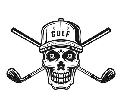 Skull of golfer in cap and two golf sticks vector