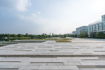 city skyline with square